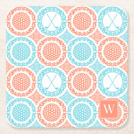 Preppy Golf Damask - Balls & Clubs Coral Turquoise Underlägg Papper Kvadrat