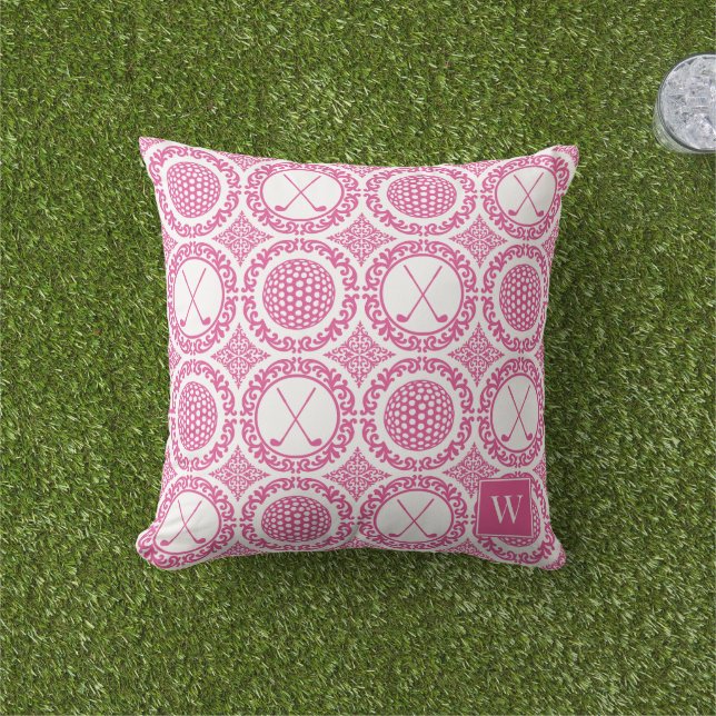 Preppy Golf Damask - Balls & Clubs in Hot Pink Kudde (Gräs)