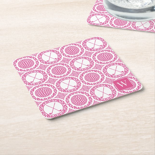 Preppy Golf Damask - Balls & Clubs in Hot Pink Underlägg Papper Kvadrat (Vinklad)