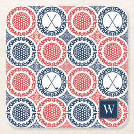 Preppy Golf Damask - Balls & Clubs in Navy & Red Underlägg Papper Kvadrat
