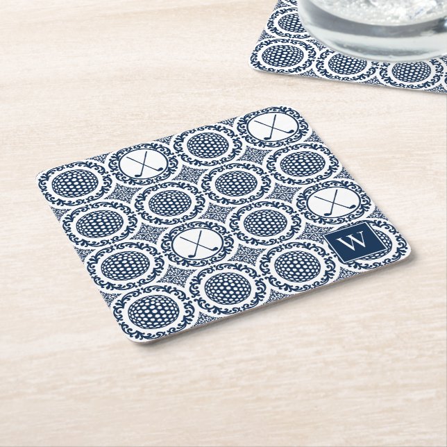 Preppy Golf Damask - Balls & Clubs in Navy & White Underlägg Papper Kvadrat (Vinklad)