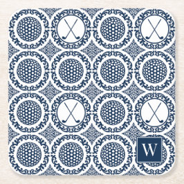 Preppy Golf Damask - Balls & Clubs in Navy & White Underlägg Papper Kvadrat