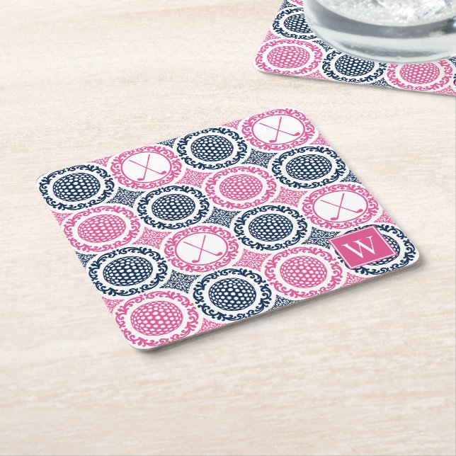 Preppy Golf Damask - Balls & Clubs Navy & Hot Pink Underlägg Papper Kvadrat (Vinklad)