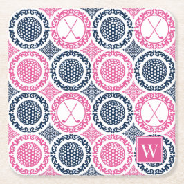 Preppy Golf Damask - Balls & Clubs Navy & Hot Pink Underlägg Papper Kvadrat