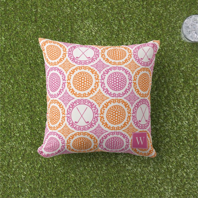 Preppy Golf Damask - Balls & Clubs - Orange & Pink Kudde (Gräs)