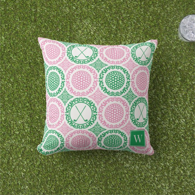 Preppy Golf Damask - Balls & Clubs - Pink & Green Kudde (Gräs)