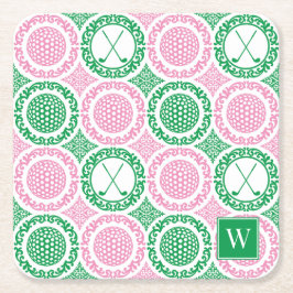 Preppy Golf Damask - Balls & Clubs - Pink & Green Underlägg Papper Kvadrat