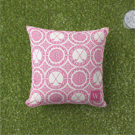 Preppy Golf Damask - Bollar & klubbor i varmt rosa Kudde