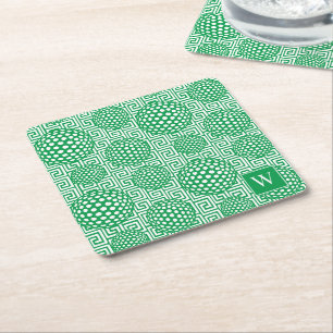 Preppy Golf Grekisk nyckel - Klassisk grön & vit Underlägg Papper Kvadrat