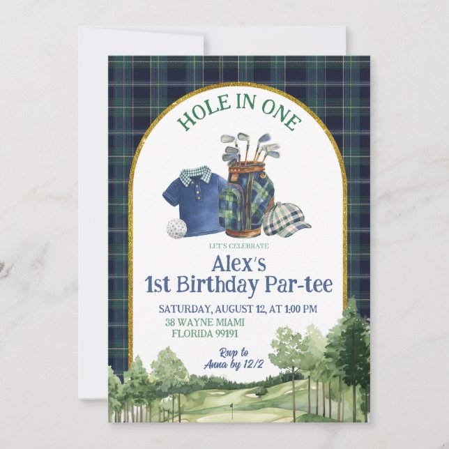 Preppy Golf Hole in One First Birthday Invitation Inbjudningar (Framsida)