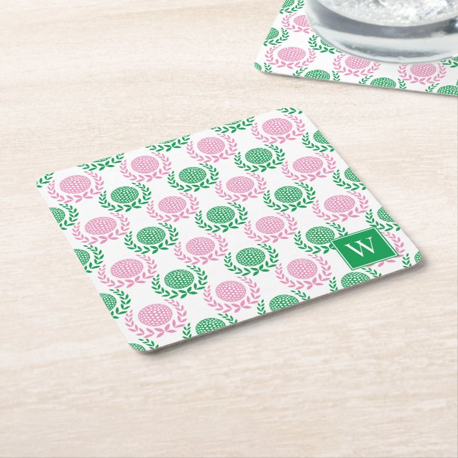 Preppy Golf Laurel Wreath - Pink & Green Underlägg Papper Kvadrat (Vinklad)