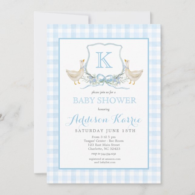 Preppy Goose Blue Gingham Baby Shower Invitation Inbjudningar (Framsida)