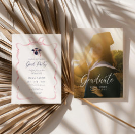 Preppy Graduation Photo Announcement Card Pink Bow Inbjudningar