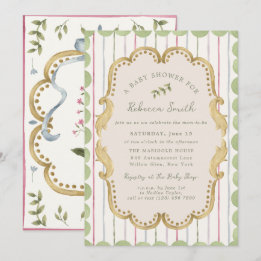 Preppy Grandmillennial Botanical Frame Baby Shower Inbjudningar