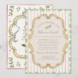 Preppy Grandmillennial Botanical Frame Baby Shower Inbjudningar