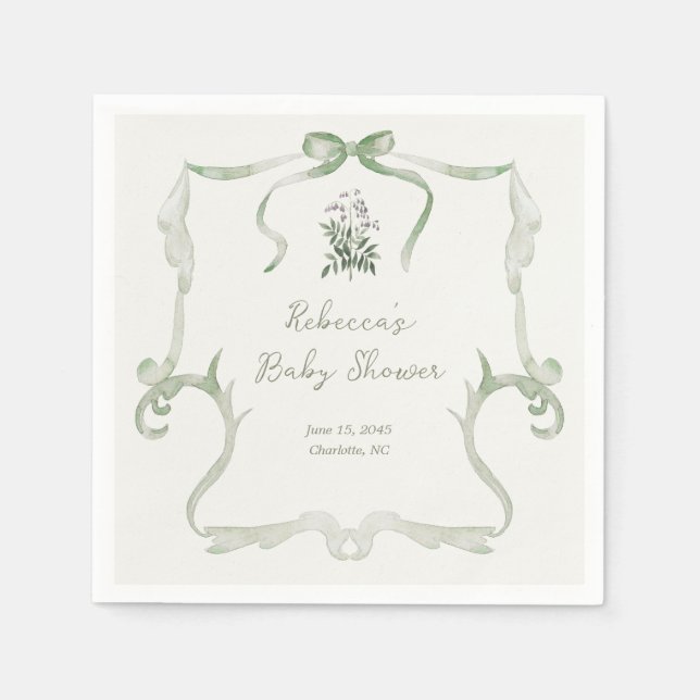 Preppy Grandmillennial Neutral Green Baby Shower Pappersservett (Framsidan)