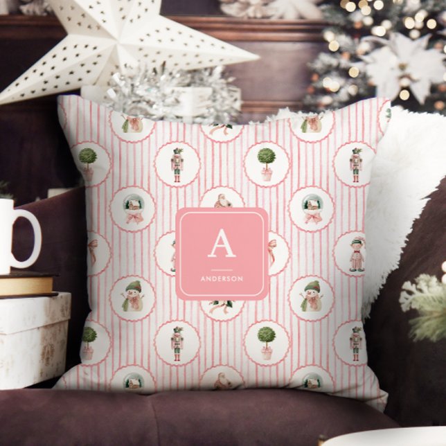 Preppy Grandmillennial Rosa Nötknäppare Jul Kudde (Skapare uppladdad)
