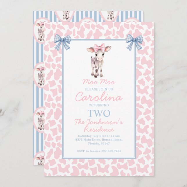 Preppy GrandMillennium Cute Cow Moo Birthday Inbjudningar (Fram/baksida)