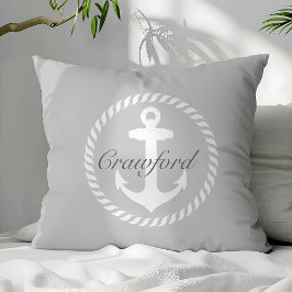 Preppy Grått & White Nautical Anchor Monogram Kudde