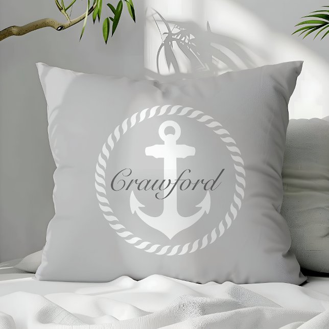 Preppy Grått & White Nautical Anchor Monogram Kudde (Skapare uppladdad)