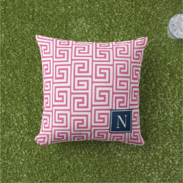 Preppy Greek Key Monogram – Hot Pink & Navy Kudde
