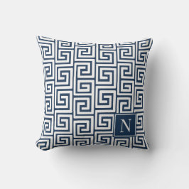 Preppy Greek Key Monogram – Navy & White Kudde