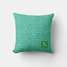 Preppy Greek Key Monogram – Turquoise & Green Kudde
