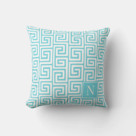 Preppy Greek Key Monogram – Turquoise & White Kudde