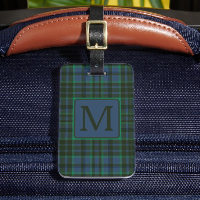 Preppy Green and Blue Plaid Monogram Bagagebricka (Framsida Insitu 2)