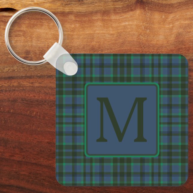 Preppy Green and Blue Plaid Monogram Nyckelring (Framsida)