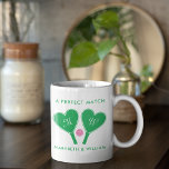 Preppy Green and Pink Wedding Pickleball Kaffemugg<br><div class="desc">Celebrate your love for one another and your love of pickleball at the same time with this personalized coffee mug. It features illustrations of two heart-shaped pickleball paddles in green and a pink pickleball and is ready to be customized with your own headline, your initials on the paddles and your...</div>