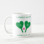 Preppy Green and Pink Wedding Pickleball Kaffemugg<br><div class="desc">Celebrate your love for one another and your love of pickleball at the same time with this personalized coffee mug. It features illustrations of two heart-shaped pickleball paddles in green and a pink pickleball and is ready to be customized with your own headline, your initials on the paddles and your...</div>