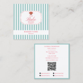 Preppy Green & Pink Stripes Bakery Logo QR Code Fyrkantigt Visitkort
