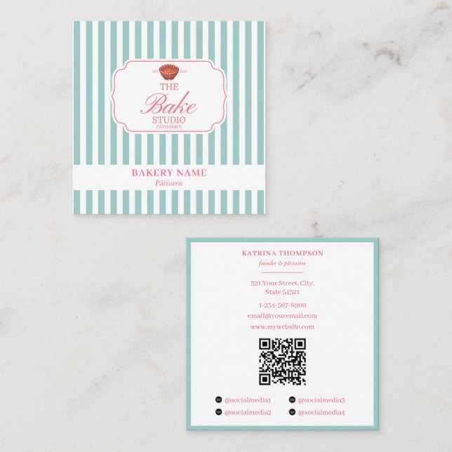Preppy Green & Pink Stripes Bakery Logo QR Code Fyrkantigt Visitkort (Fram/baksida)