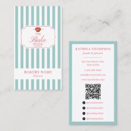 Preppy Green & Pink Stripes Bakery Logo QR Code Visitkort