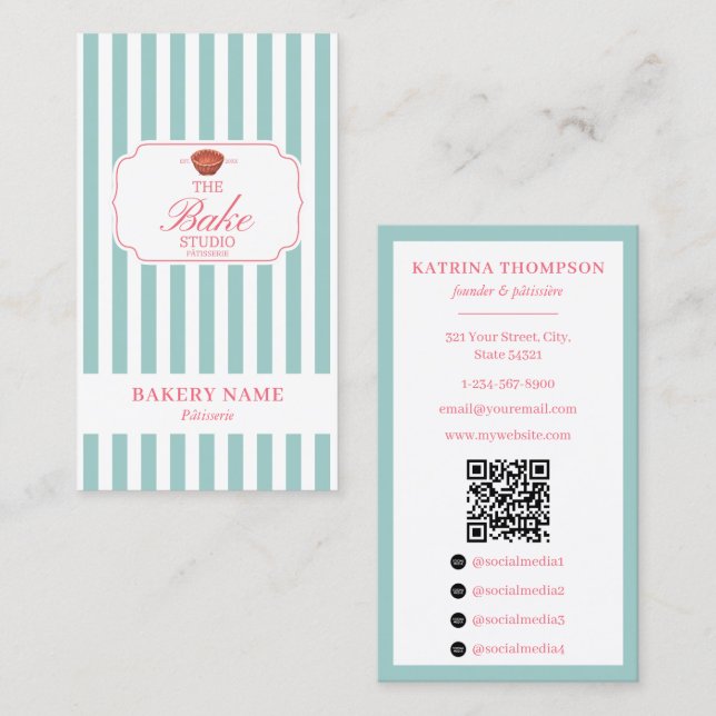 Preppy Green & Pink Stripes Bakery Logo QR Code Visitkort (Fram/baksida)