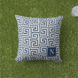 Preppy Grekisk Nyckel Monogram – Marin & Vit Kudde