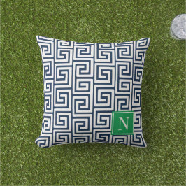 Preppy Grekisk Nyckel Monogram – Marinblå & Grön Kudde