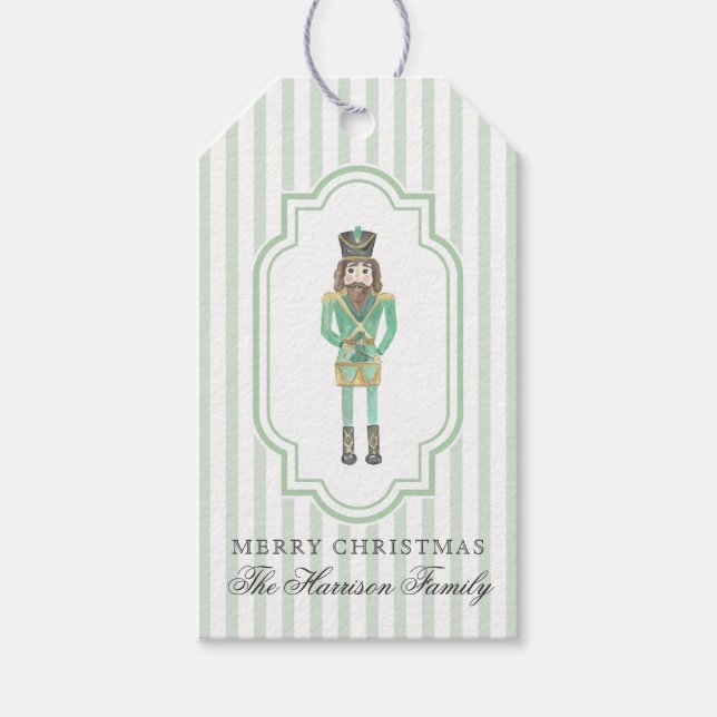 Preppy Grön Akvarell Nötknäppare Jul Presentetikett (Framsidan)