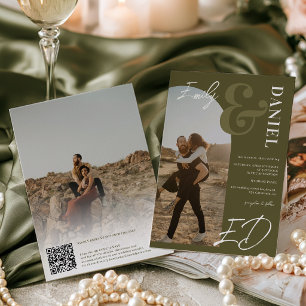 Preppy Grön Gamla Pengar Foto Manus QR Bröllop Inbjudningar