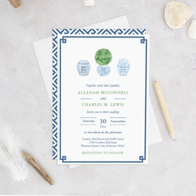 Preppy Grön Och Blå Handmålad Buxbomshustru Inbjudningar (Smart Navy Blue And Green Greek Key Boxwood Wedding Invitation)