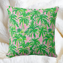 Preppy Grön Palmträd Rosa | Tropisk Kuststil Kudde