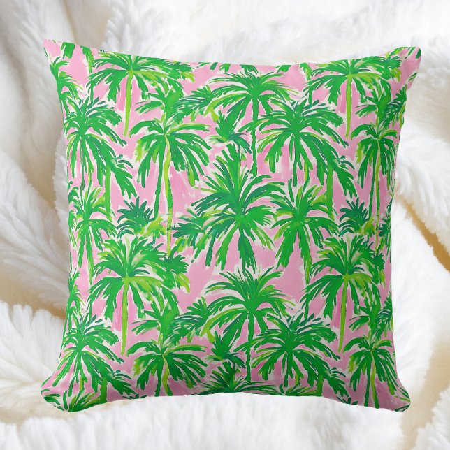Preppy Grön Palmträd Rosa | Tropisk Kuststil Kudde (Skapare uppladdad)