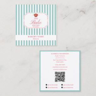 Preppy Grön & Rosa Randig Bageri Logotyp QR-kod Fyrkantigt Visitkort
