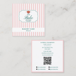 Preppy Grön & Rosa Randig Bageri Logotyp QR-kod Fyrkantigt Visitkort