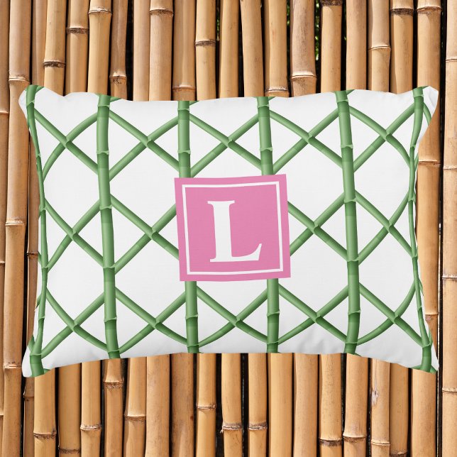 Preppy grön spaljé bambumönster monogram prydnadskudde (Skapare uppladdad)