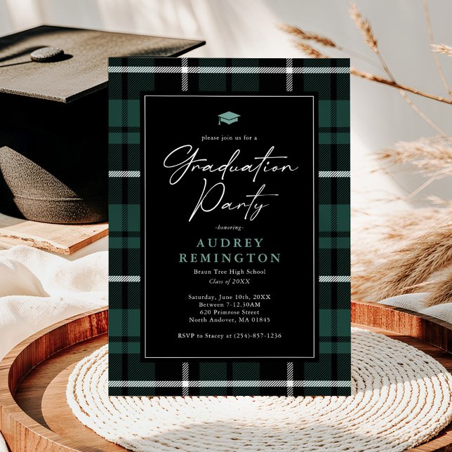 Preppy Grön Svart Tartan Examen Inbjudningar (Skapare uppladdad)