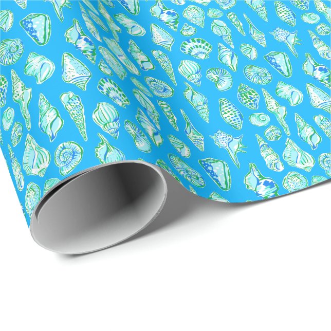 Preppy Grön Vit Blå Snäckskal Presentpapper (Rullad Hörn)