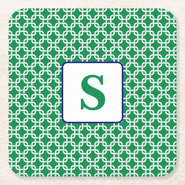 Preppy Grön Vit Länk Monogram Underlägg Papper Kvadrat (Framsidan)