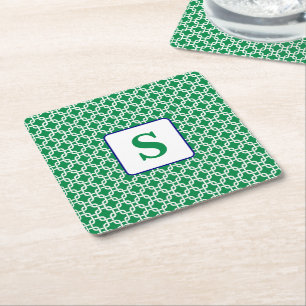 Preppy Grön Vit Länk Mönster Marinblå Monogram Underlägg Papper Kvadrat